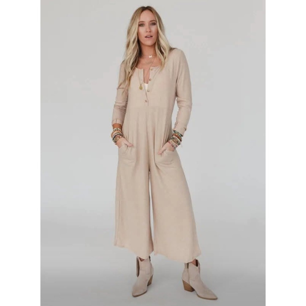 Three Bird Nest Tan Long Sleeve Henley Wide Leg Jumpsuit Medium NEW